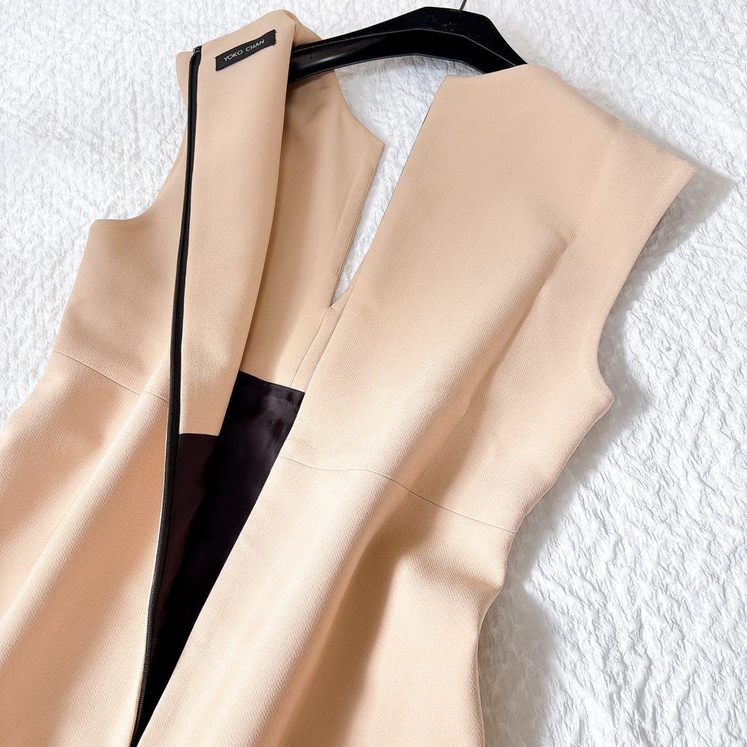 YOKOCHAN コクーンワンピース　ピンクベージュ　スリットネック　膝丈　L