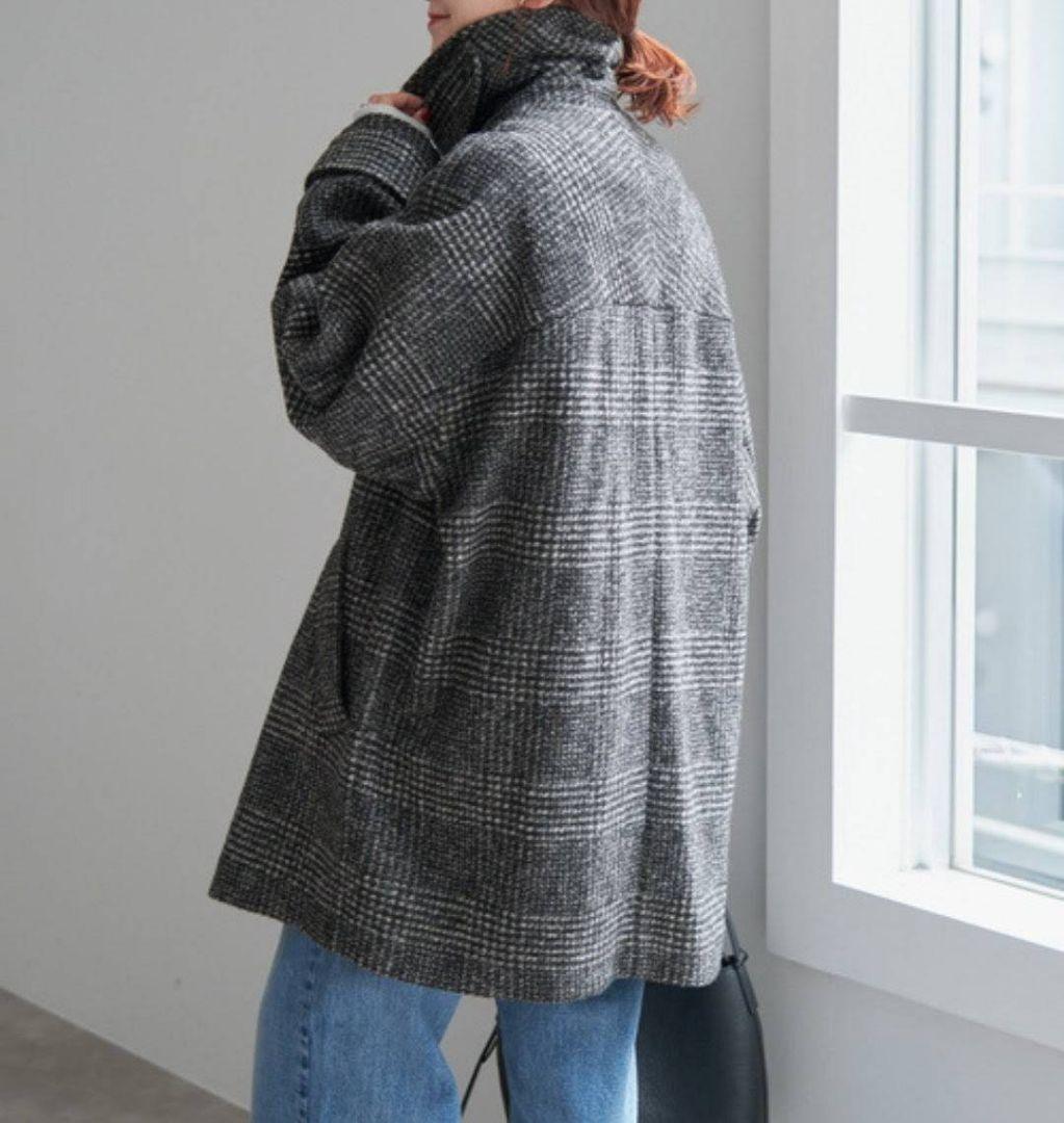24AW スピックアンドスパン Wスライバーチェックハーフコート 36 黒グレー