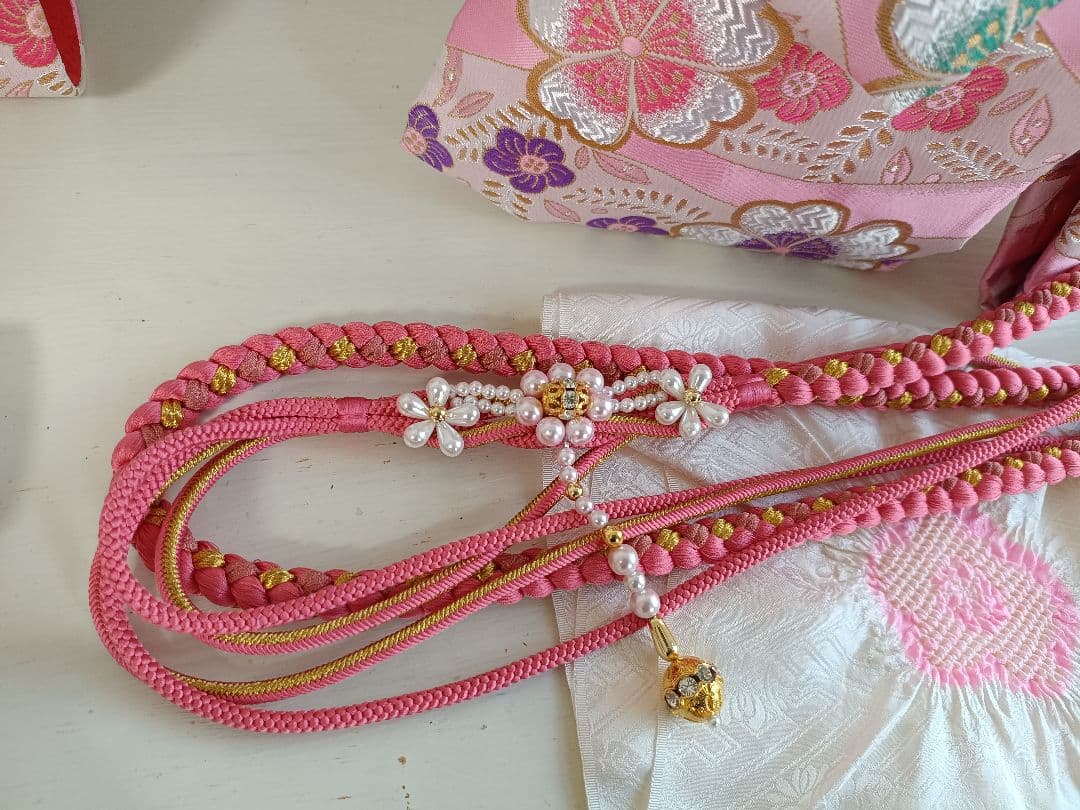 上級品☆正絹☆誂え☆クリーム色の着物に作り帯セット☆七五三７歳ハーフ成人式