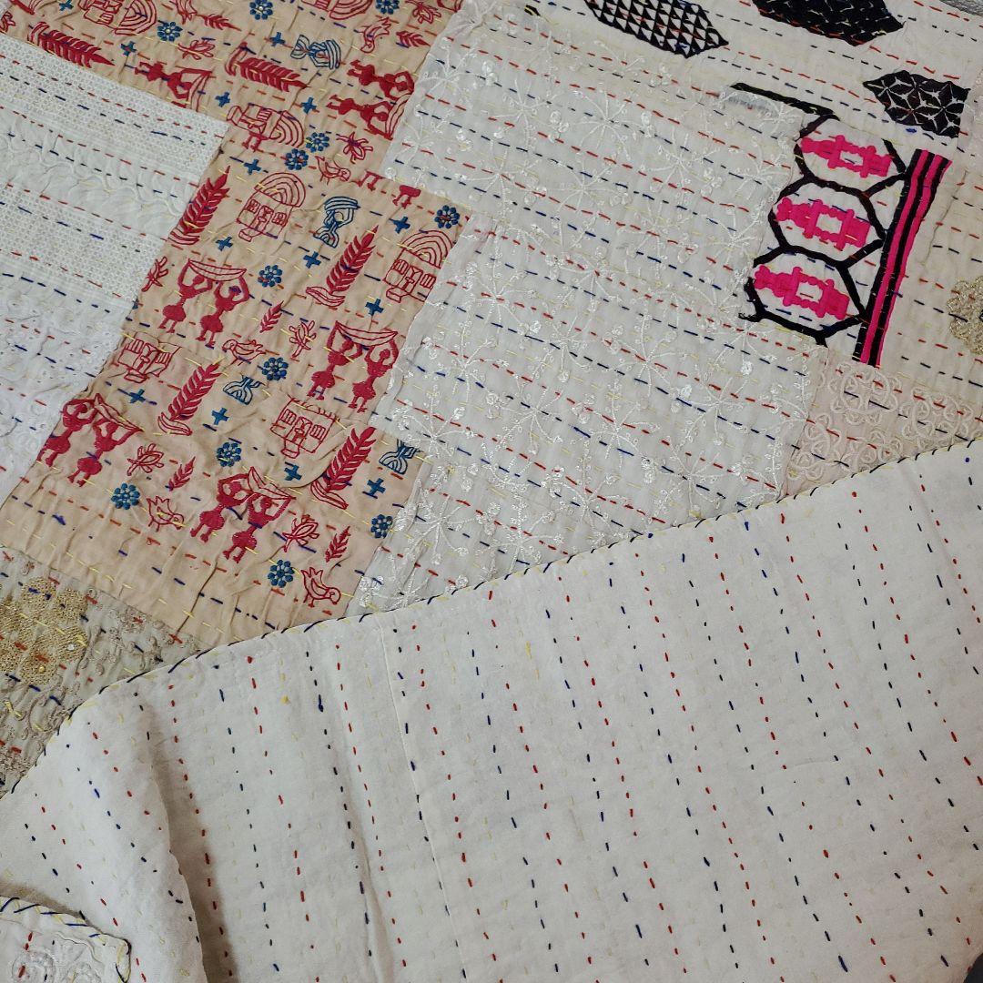 パッチワーク刺繍マルチカバー　ラリーキルト　シングルベッドf