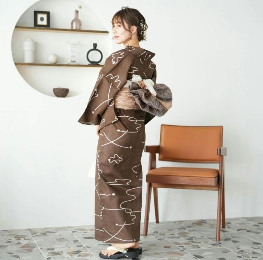 写真茶の兵児帯+お任せ飾り付き帯締めつき◆◆茶ブラウンモダン北欧ゆかた