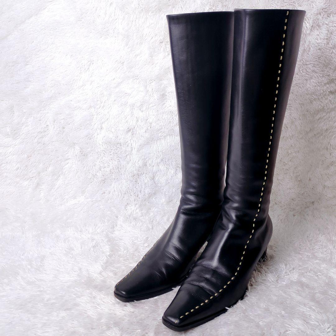 訳あり美品 プラダ ロングブーツ レザー ブラック 黒