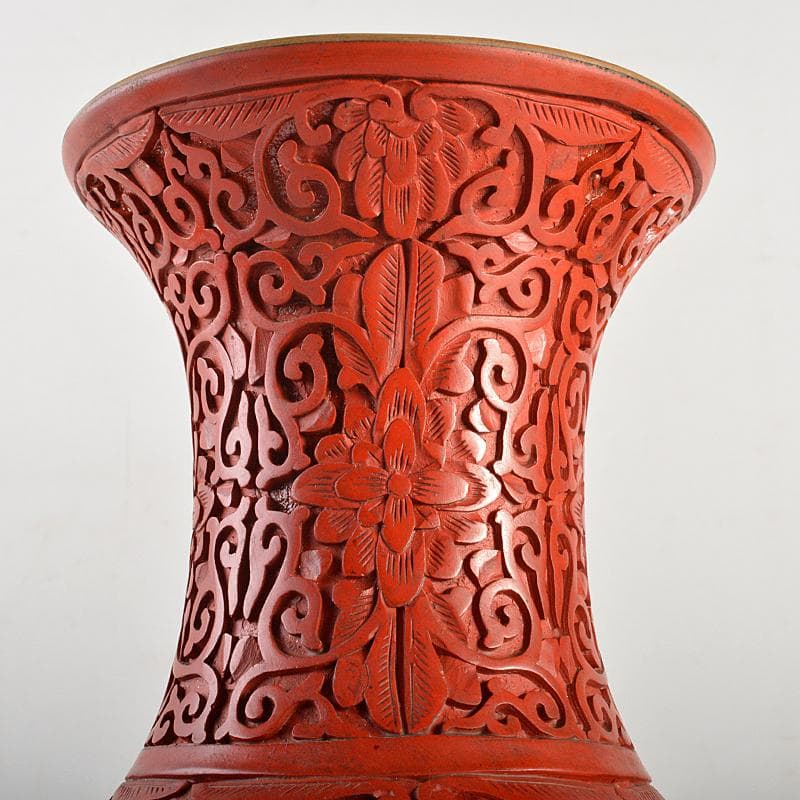 中国　剔紅　堆朱　内七宝　花文瓶　高さ約39㎝　唐木台付　Y　R7494B