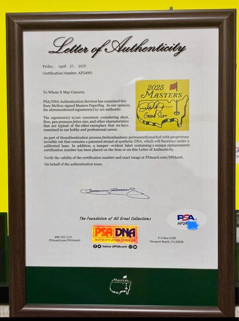SALE！ローリーマキロイグランドスラム２０２５年マスターズ直筆サイン鑑定書付