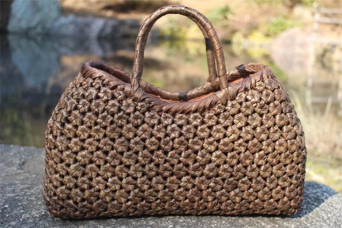 山胡桃木 クルミ 六角花結び編み 山葡萄 籠 かご バッグ コンパクト 巾着