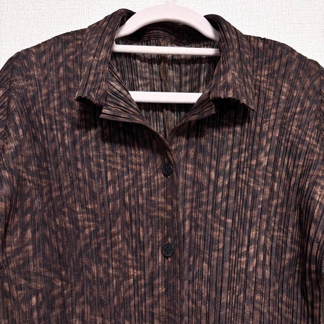 美品　プリーツプリーズ　ジャケット　総柄　ブラウン　ボタン　サイズ4