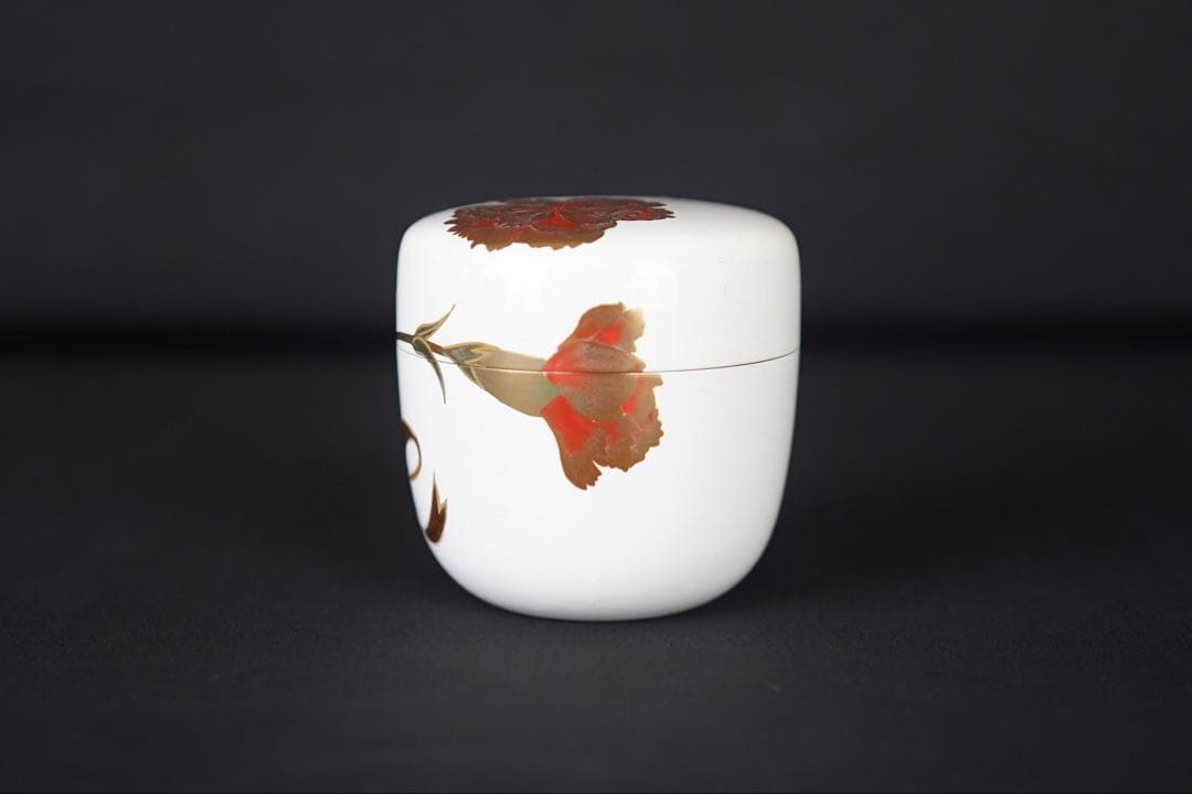 池之浦 大起 作 カーネーション 蒔絵 白漆棗 箱付 茶道具