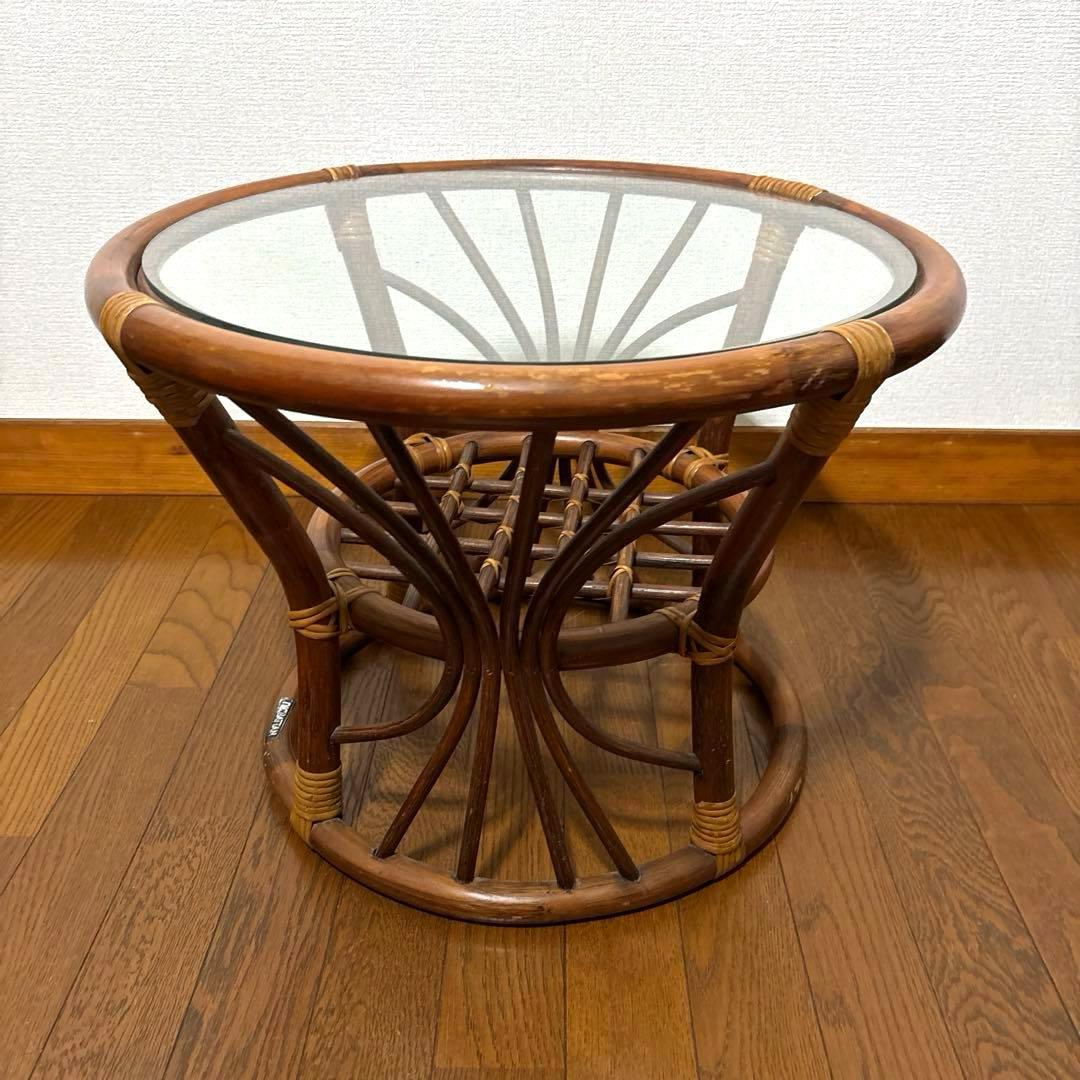 【良品】ヴィンテージ ラタン サイドテーブル ガラス