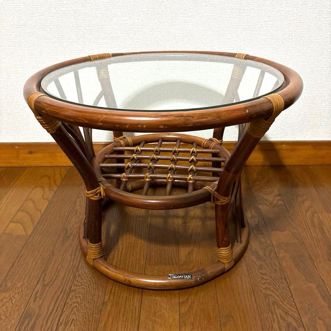 【良品】ヴィンテージ ラタン サイドテーブル ガラス