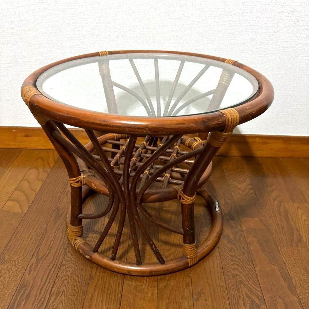 【良品】ヴィンテージ ラタン サイドテーブル ガラス