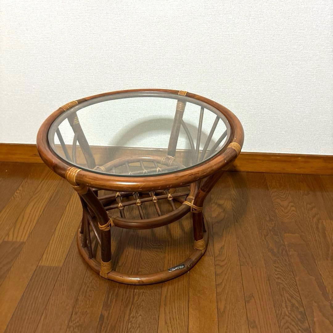 【良品】ヴィンテージ ラタン サイドテーブル ガラス