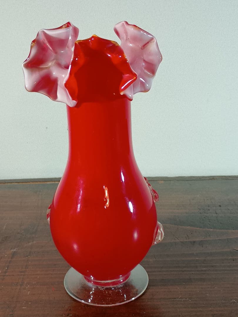 大正ロマン ガラス花瓶 フリルバラ 手作り吹ガラス