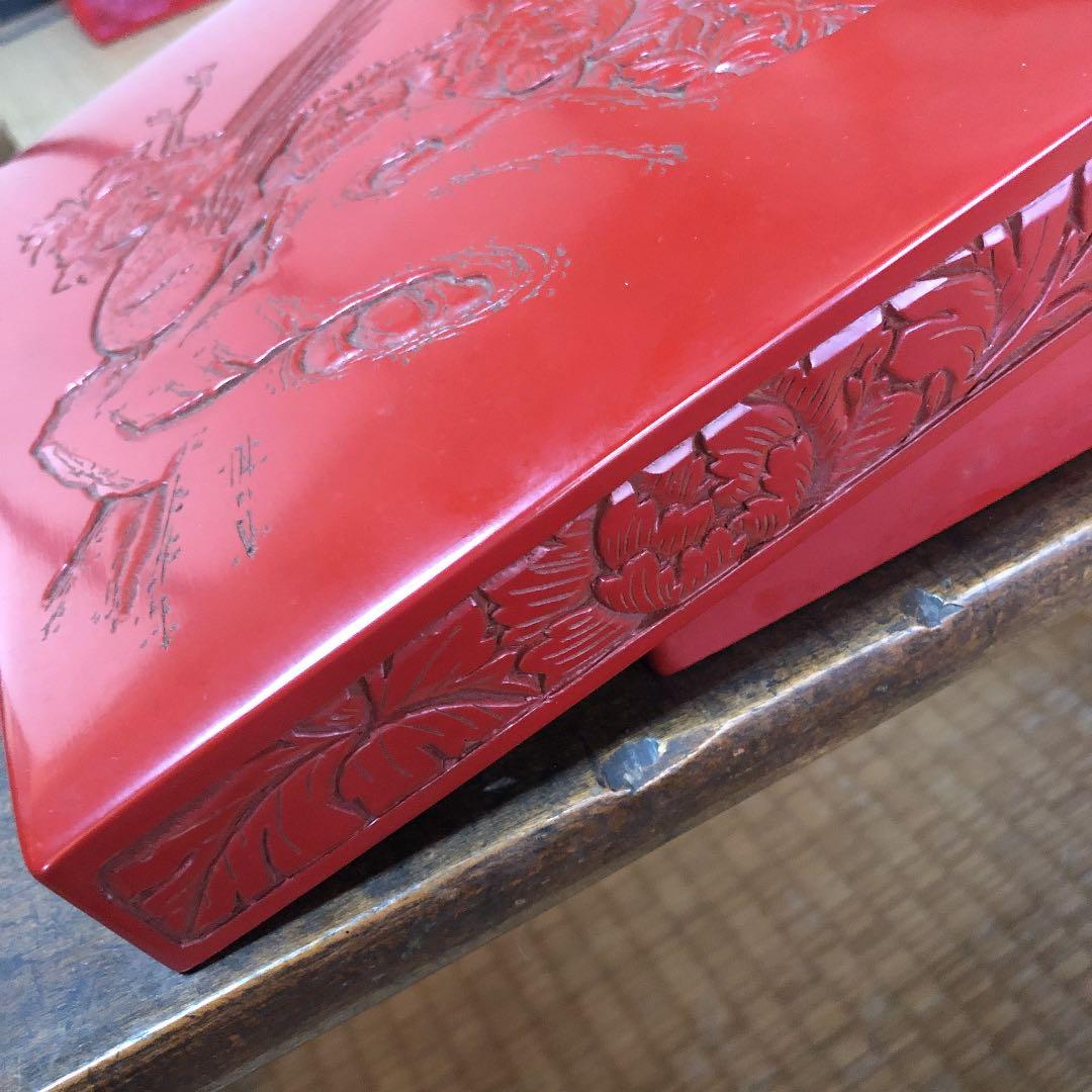 村上堆朱 硯箱 鶯に牡丹紋 共箱付