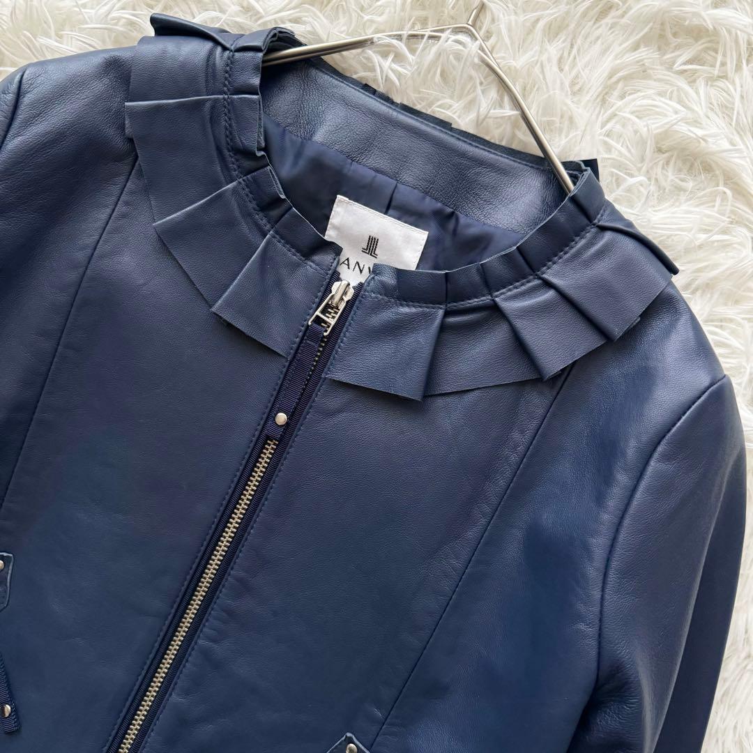 【ランバンオンブルー】レザージャケット アウター フリル ラムレザー 36 紺