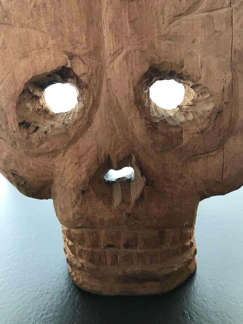 希少 骨董 在銘 髑髏 ドクロ 木彫り 一刀彫り 置物 オブジェ 昭和 時代