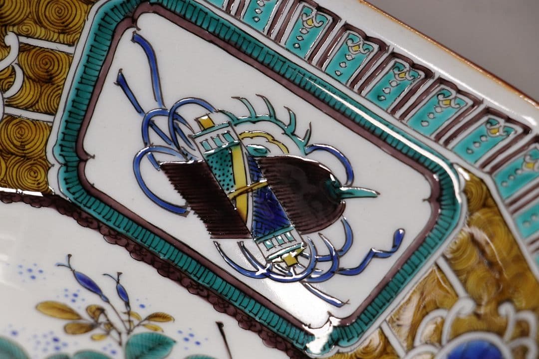 九谷焼 宮本忠夫「色絵九谷花鳥図・菓子鉢」共箱 八角鉢 陶芸 M977