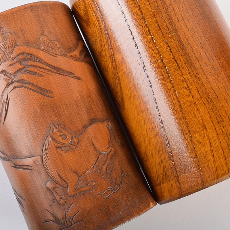 中国　古竹彫刻　山水人物文　螺鈿花文など　筆筒　六点まとめて　M　R7642