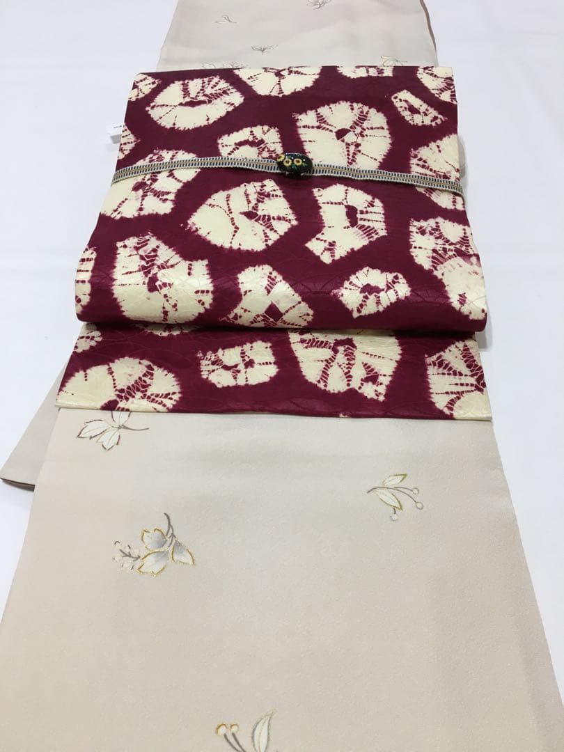 手蜘蛛絞り【名古屋帯】正絹　赤紫色　訳あり商品