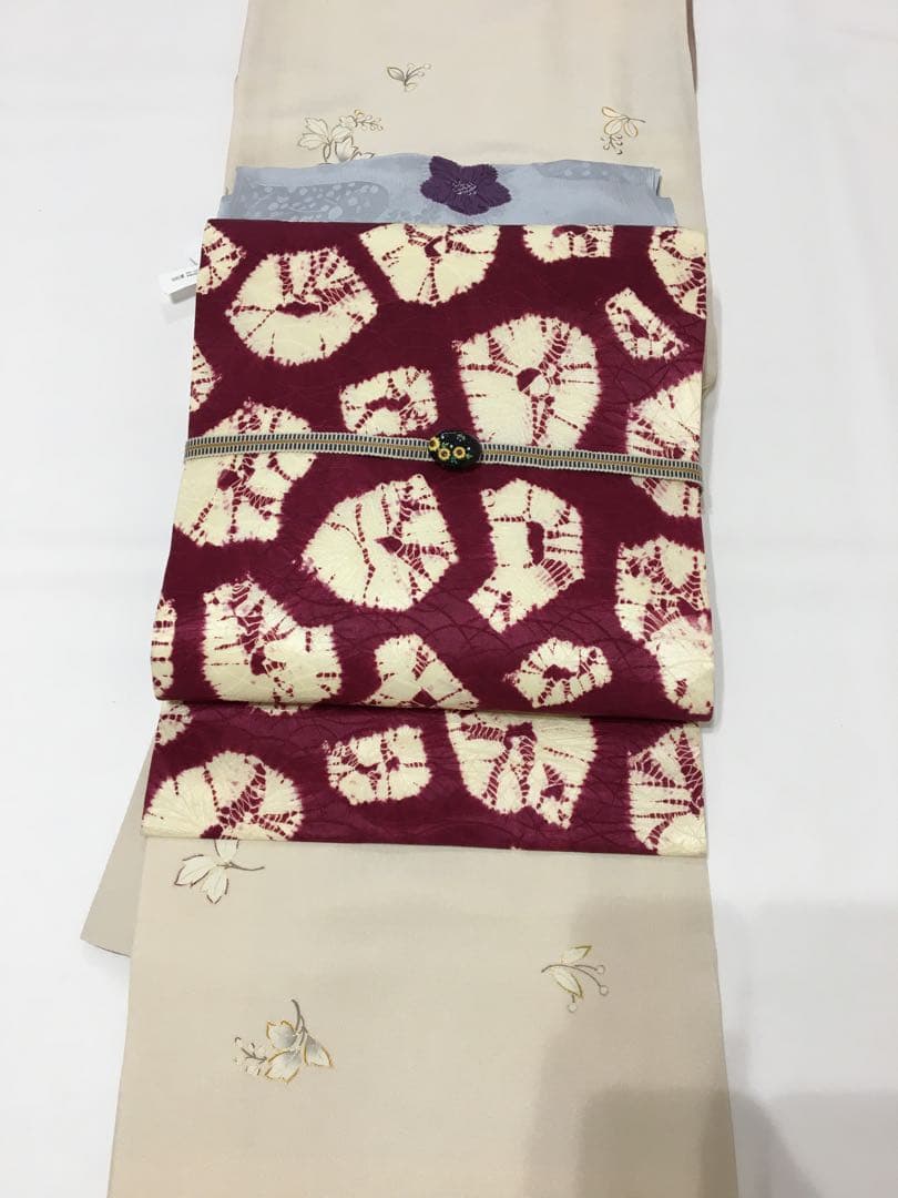 手蜘蛛絞り【名古屋帯】正絹　赤紫色　訳あり商品