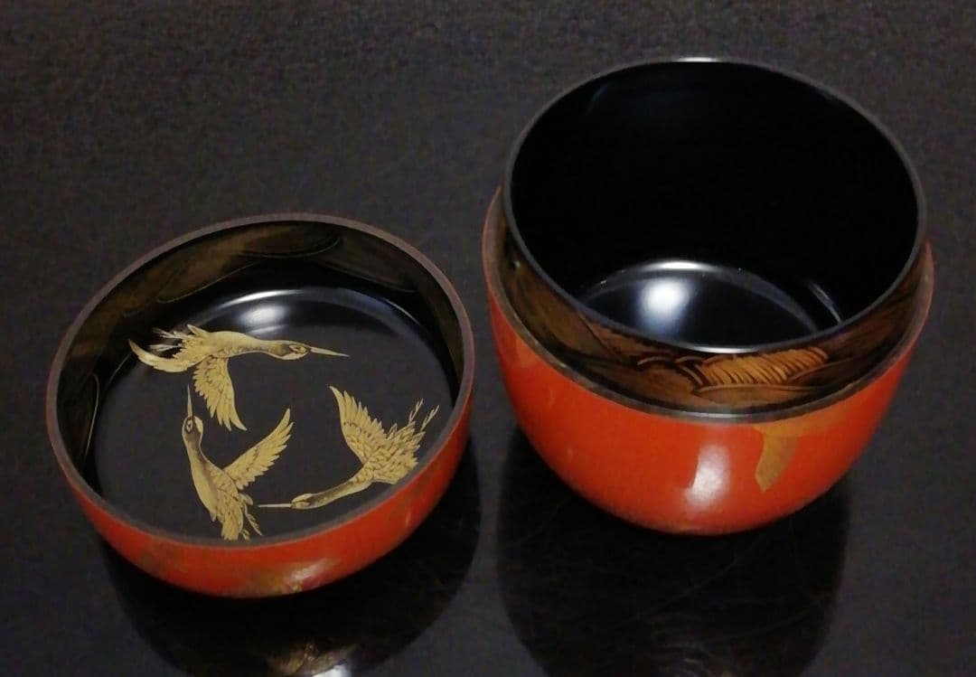 秀治作　沈金　鶴　棗　共箱　共布　茶道具