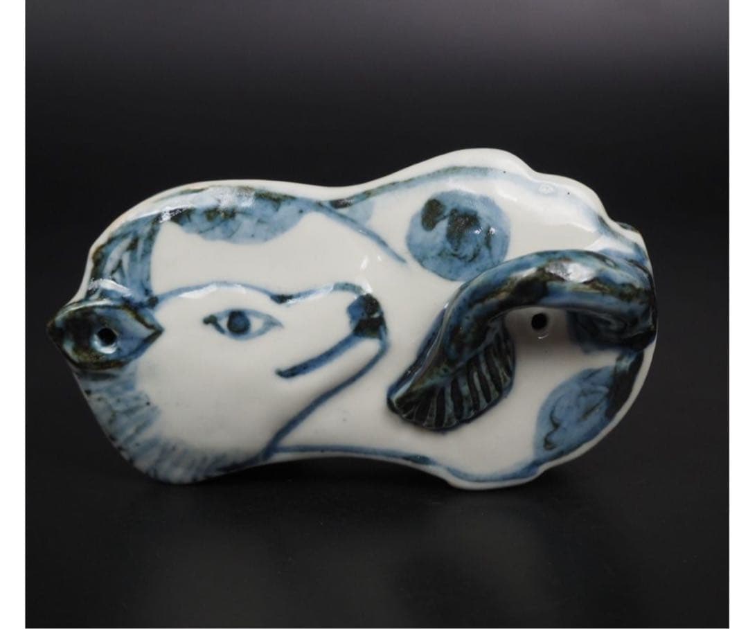 送料無料　『隆』銘　道明寺　狐形染付水滴　検/楽山紫砂九谷備前萩焼常滑宝生