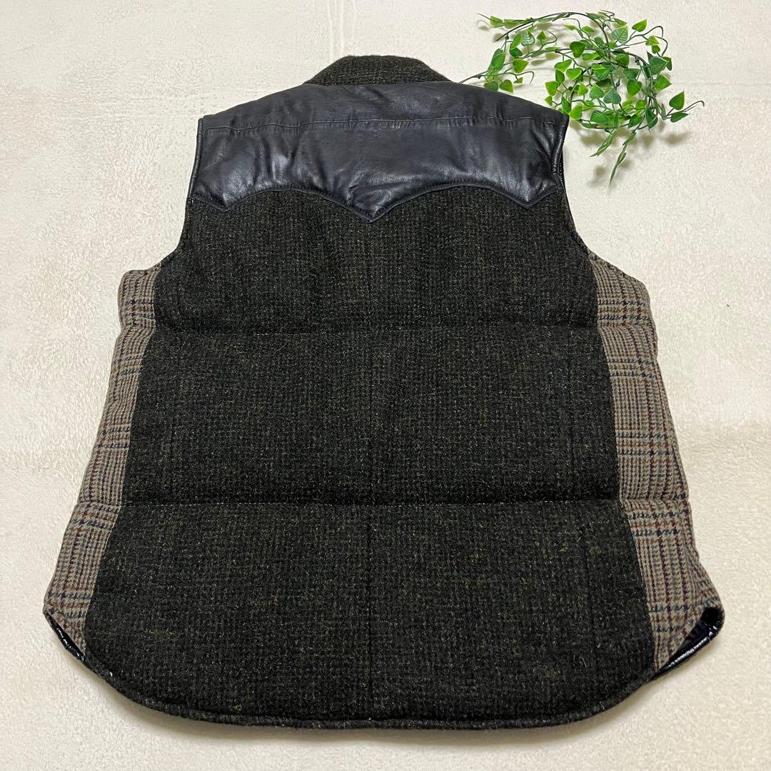 90s 英国製　ビンテージ　ハリスツイード　レザーヨーク切り替えダウンベスト