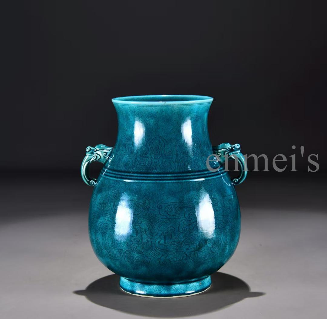 中国古美術 清雍正款 孔雀青釉 暗刻 花瓶 広口壺 古陶磁 骨董品 唐物 古玩