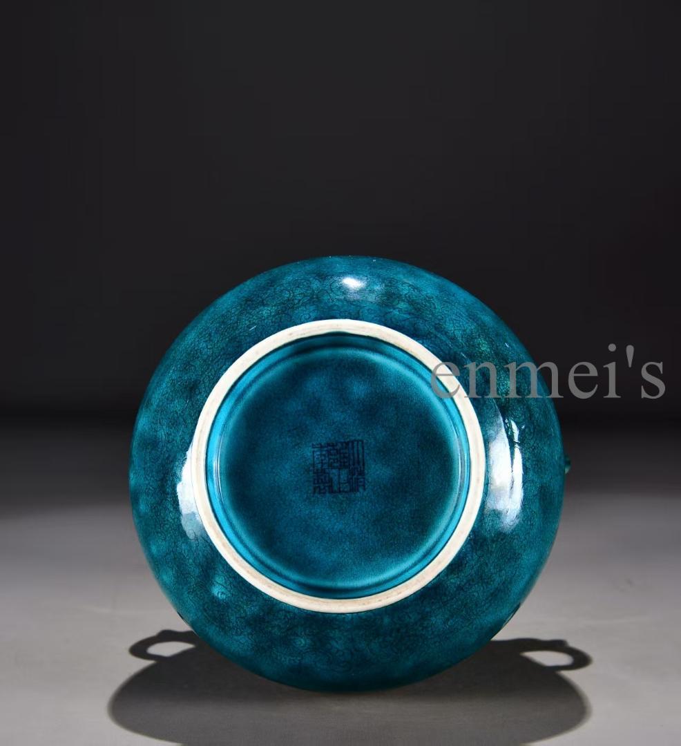 中国古美術 清雍正款 孔雀青釉 暗刻 花瓶 広口壺 古陶磁 骨董品 唐物 古玩