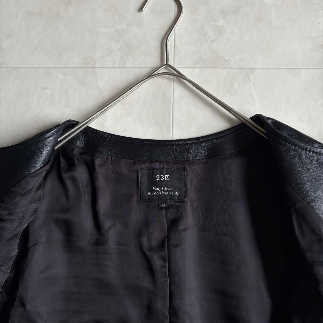 美品・特大✨23区 ノーカラーラムレザージャケット 黒 48 ゆったり