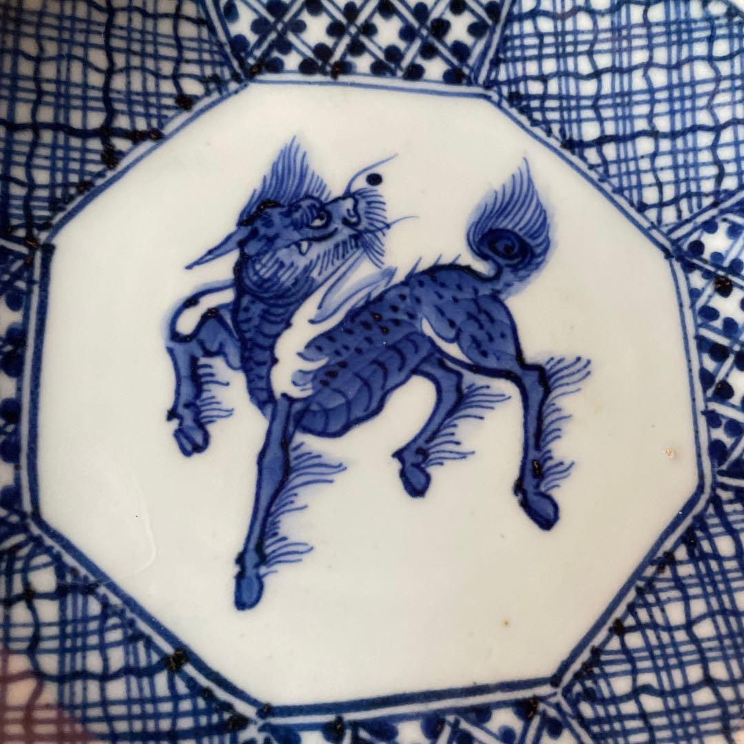 古伊万里　染付　霊獣　格子模様　中皿　2客