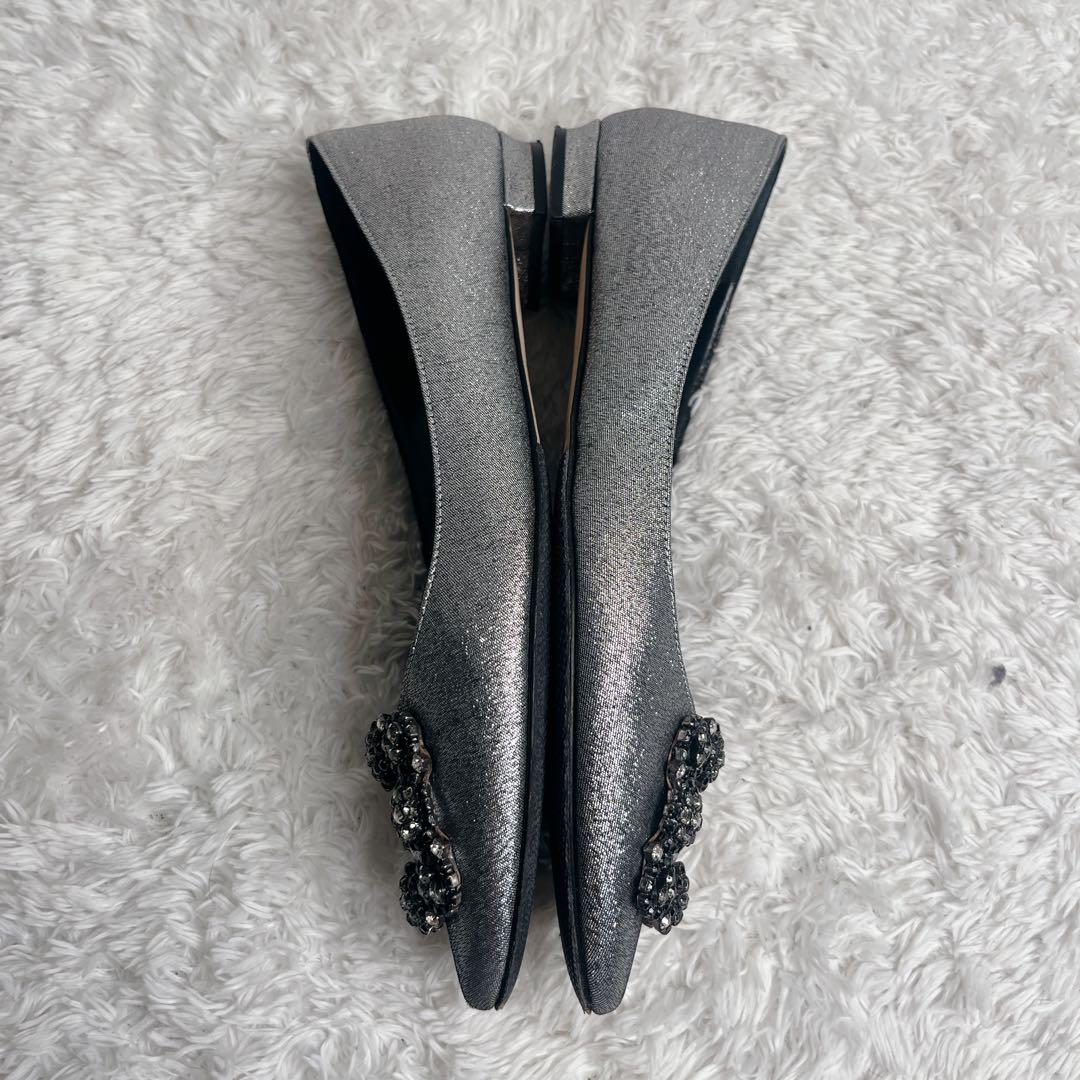 良品 マノロブラニク ハンギシ シルバー フラット パンプス ラメ 保存袋 37