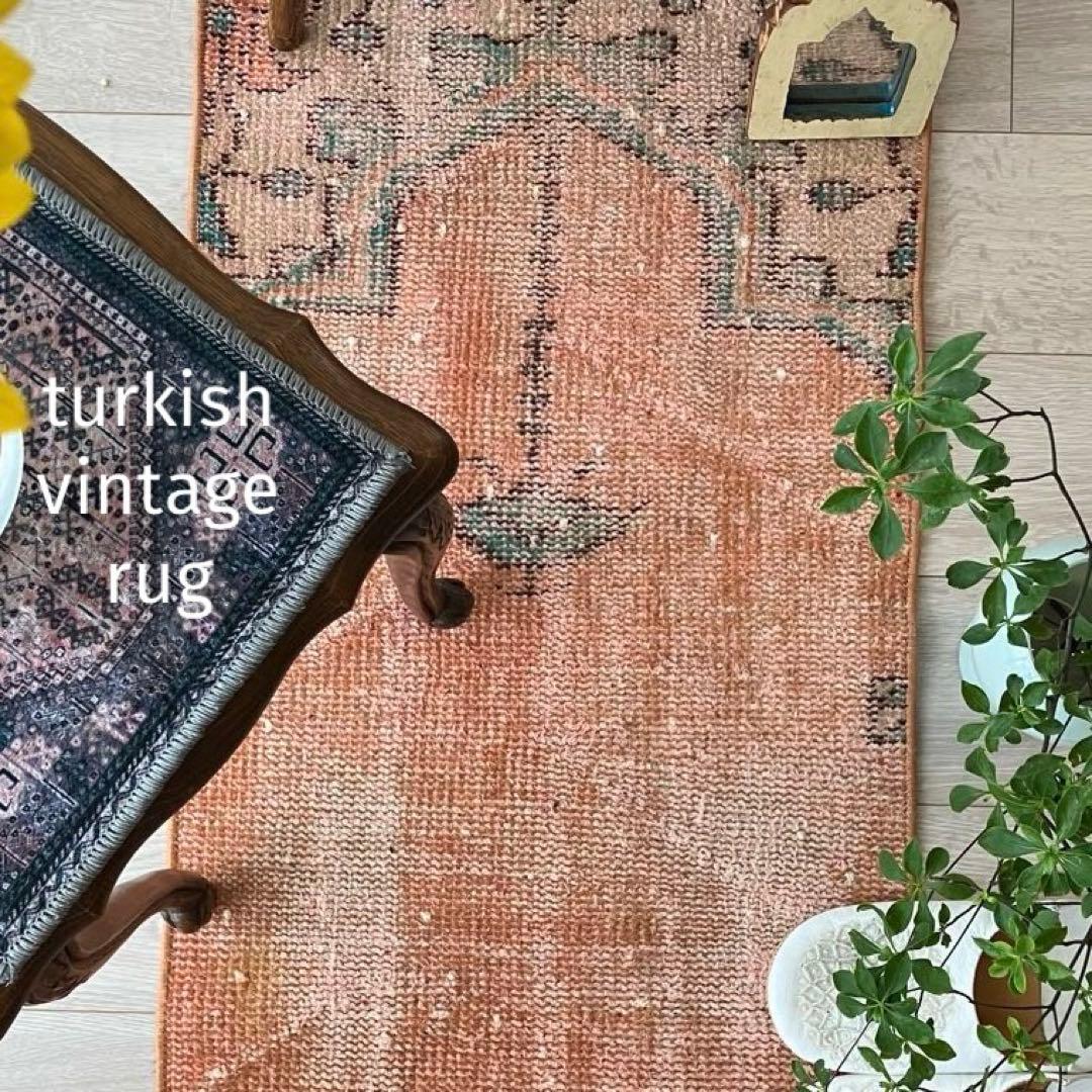 オレンジ✳︎95×46 グリーン　アート　シャンデリア　トルコヴィンテージラグ