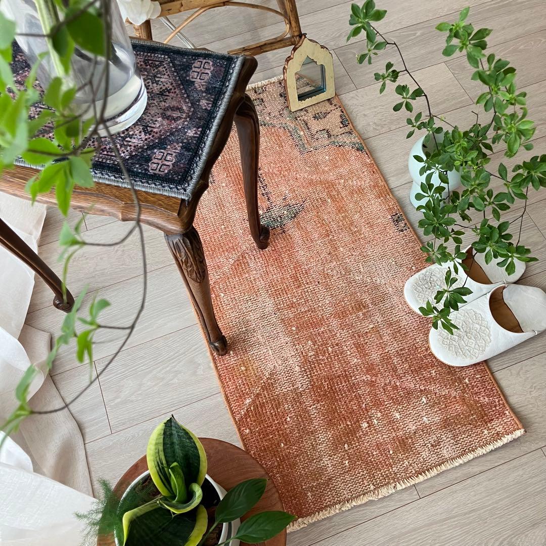 オレンジ✳︎95×46 グリーン　アート　シャンデリア　トルコヴィンテージラグ