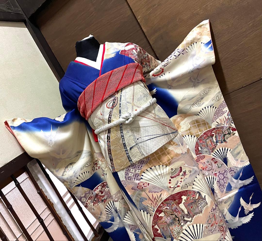 振袖フルセット6点サイズS〜M 駒刺繍　御所車飛鶴花文　暈し染め　金彩　正絹