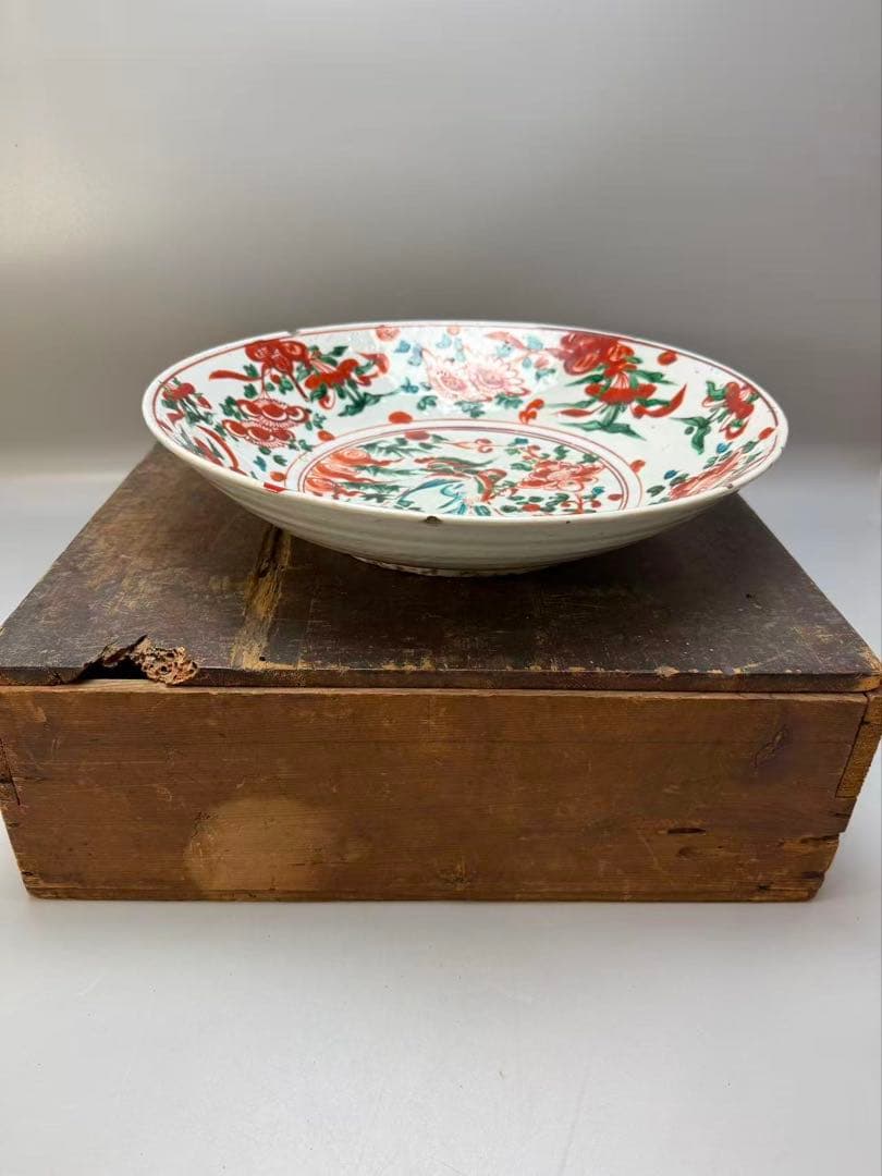 DT518 中国美術 呉須赤絵 鳳花紋皿 35.5cm 明末期 美品