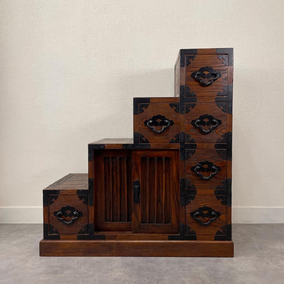 両面 階段箪笥 4段 飾り棚 民芸家具 小物入れ レトロ ヴィンテージ 和家具