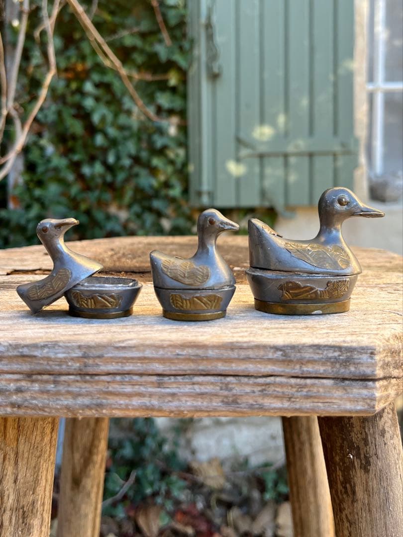 ◆フランスアンティーク｜ピューター製アヒル小物入れセット手作り小鳥錫ミニオブジェ