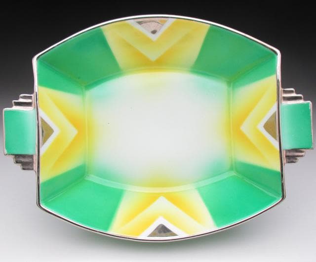 オールドノリタケ グリーン地銀彩ジオメトリック スクエアボウル