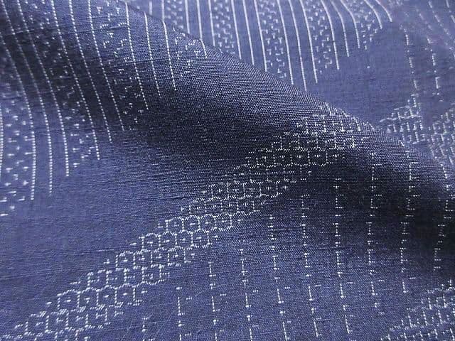 結城紬証明書：美品：亀甲絣と蚊絣：袷正絹：紺色着物：11号未使用:P26
