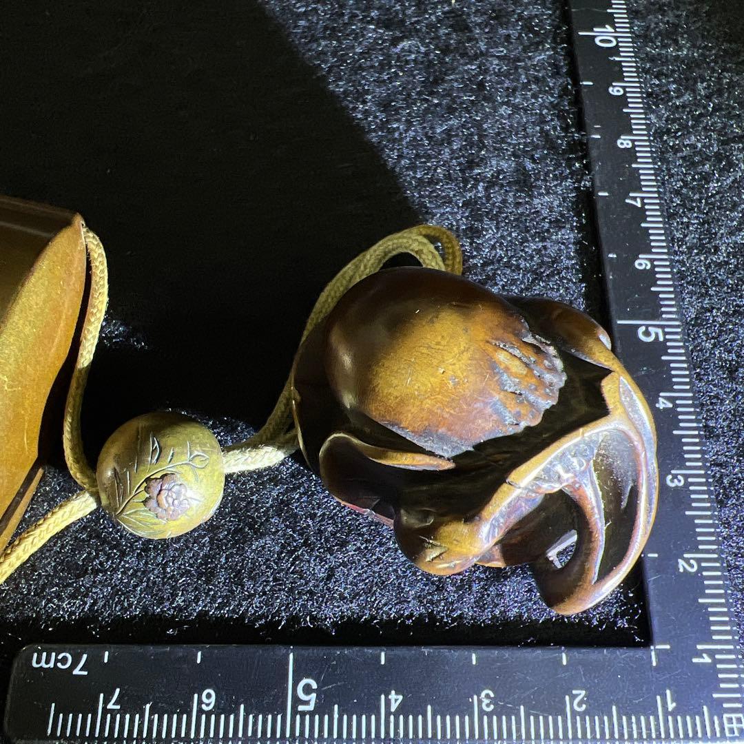 江戸時代　極上蒔絵山水人物画五段印籠、木彫根付　木箱付　東Y8-0128☆2F