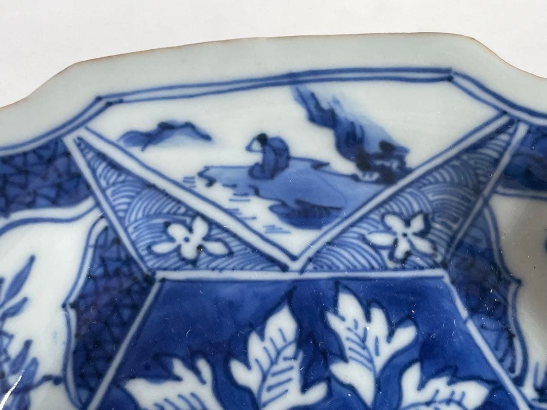 中国骨董　アンティーク　祥瑞　花文　輪花皿　六角隅入　五寸皿　小皿　角福　古染付