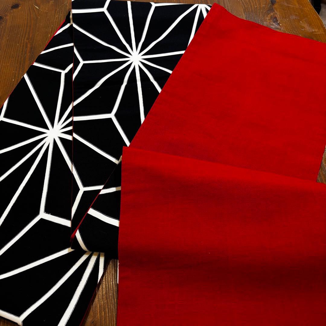 京袋帯　黒に麻の葉模様　全通　長さ365 レトロモダン o1587