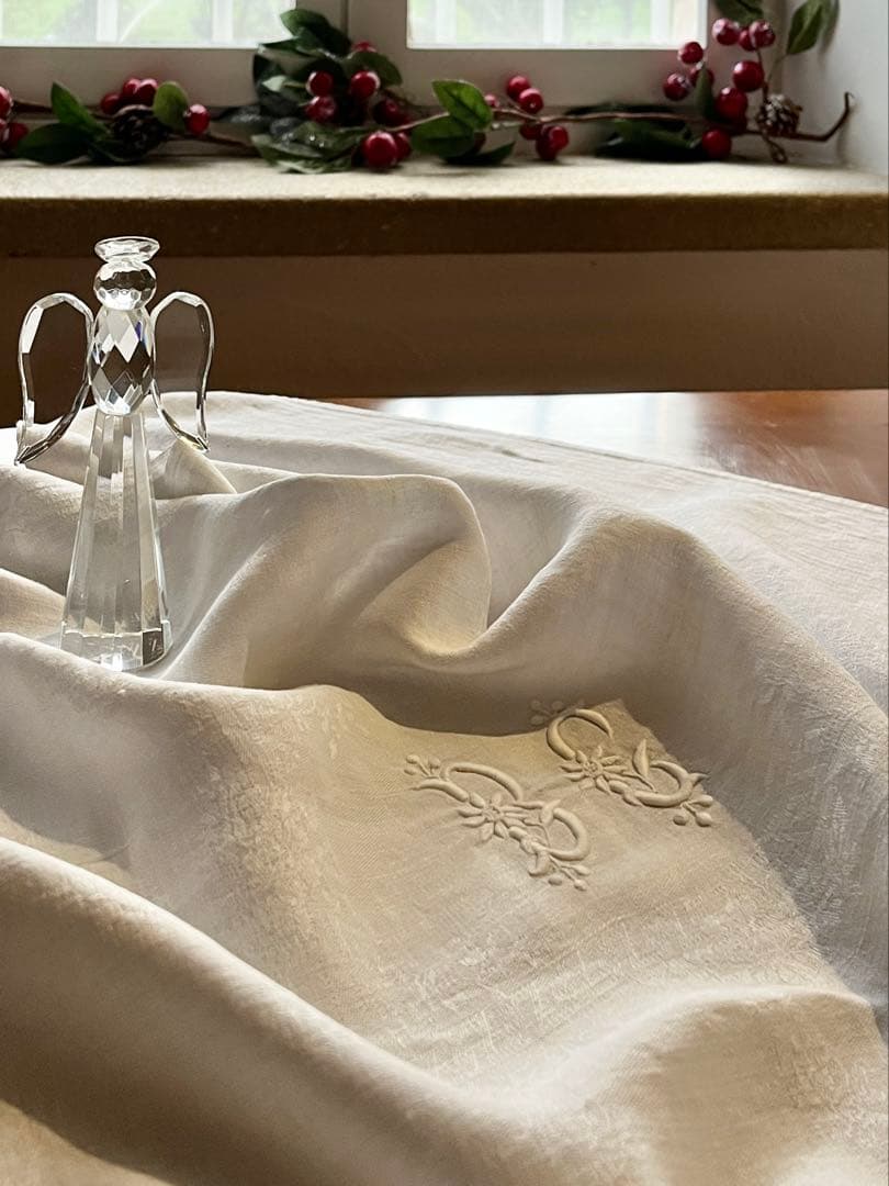 ◆フランスアンティーク｜イニシャル刺繍トーションセット、ダマスク織り白ナプキン