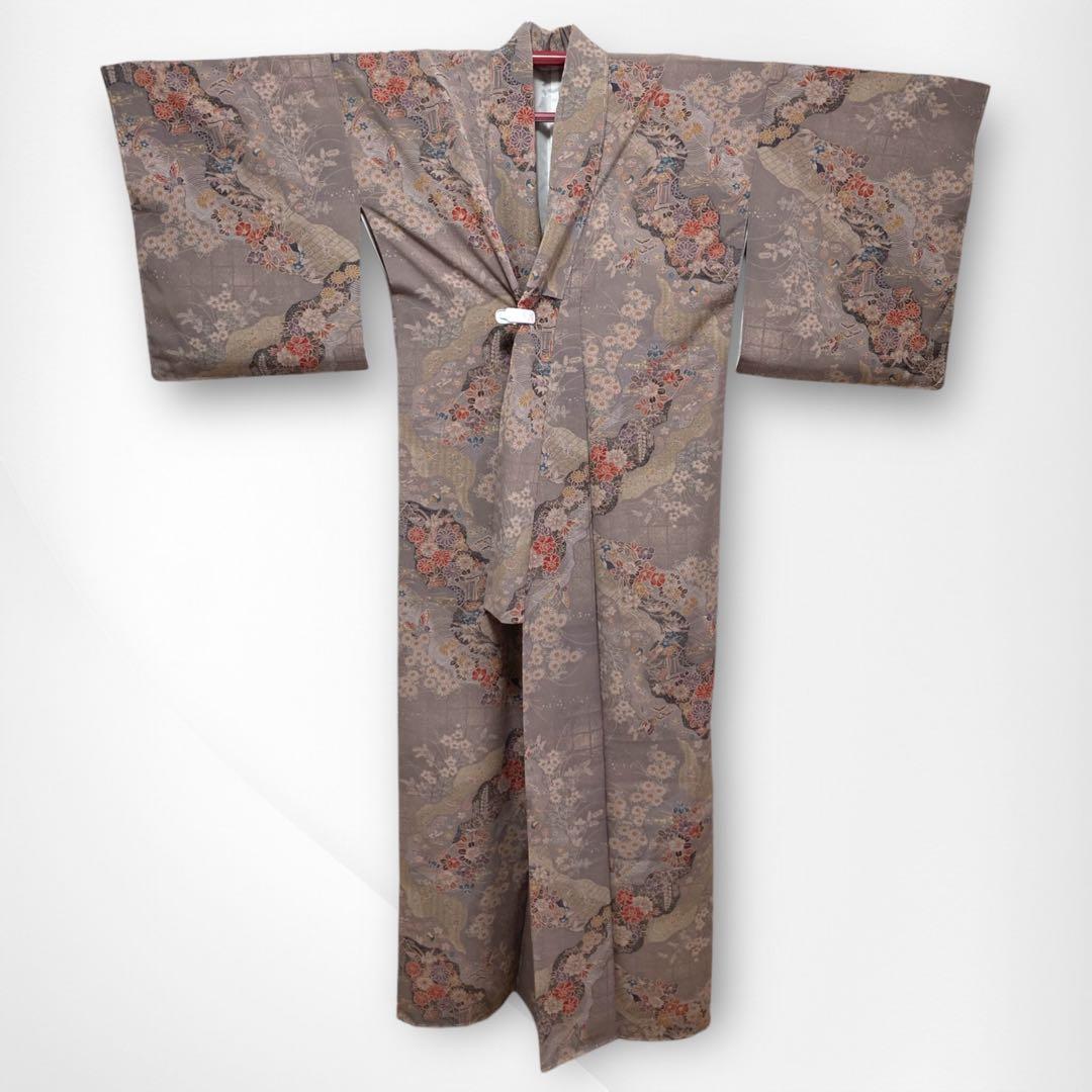 【未使用美品✨】東レシルック　さんび　洗える着物　小紋　江戸鼠色　四季草花　O3