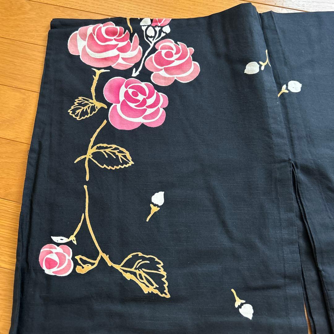 ツモリチサト浴衣、帯セット　バラ柄　着物　ブラック