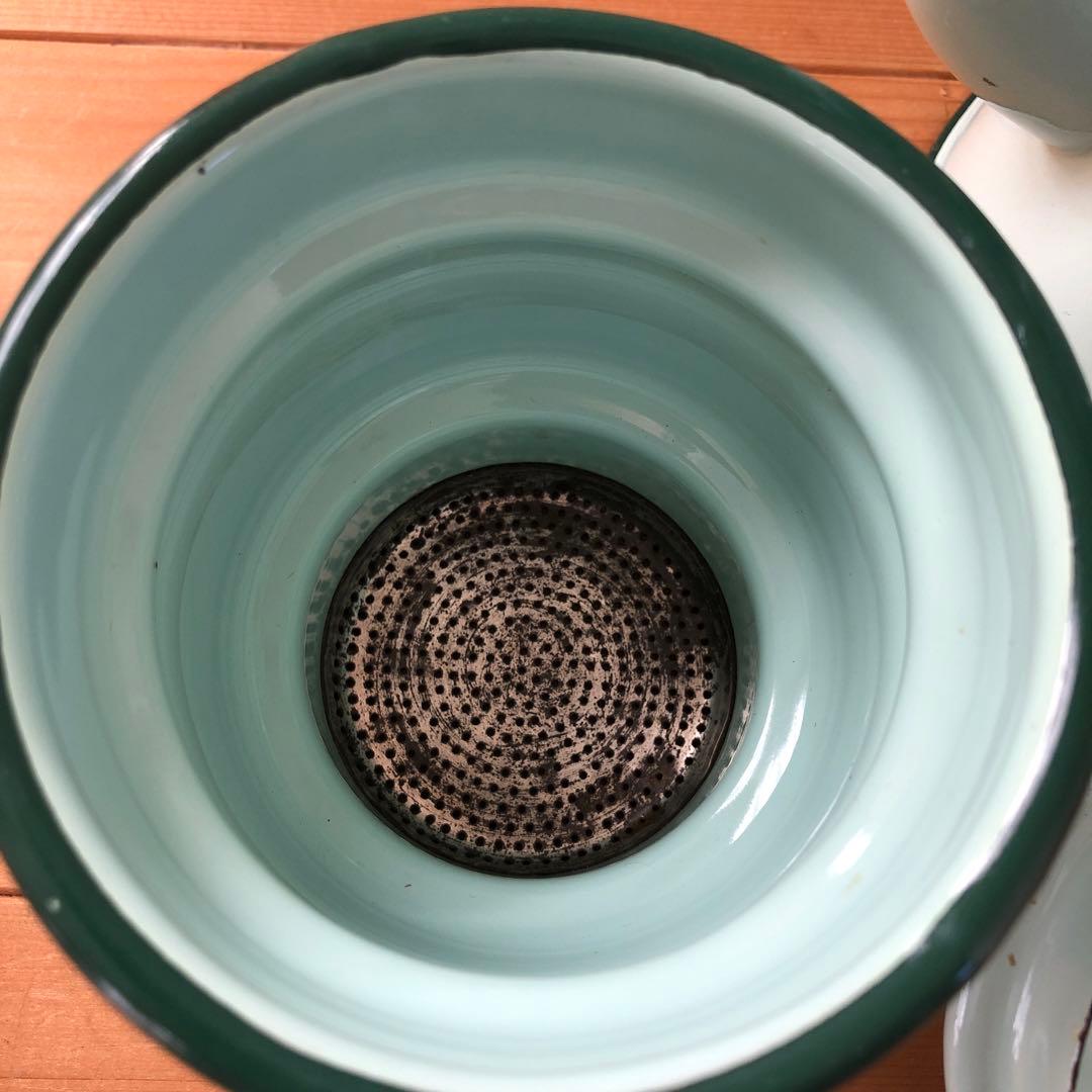 古いホーローポット　琺瑯　フランス　アンティーク　漉し器　カフェ　no.223