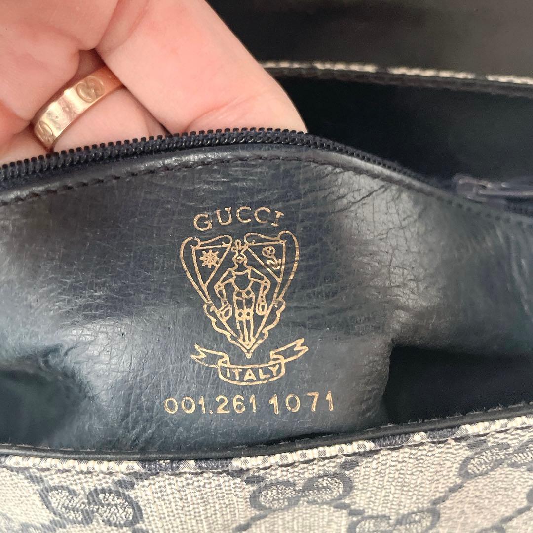美品⭐︎OLD GUCCI ggシマ ネイビー レザー ロゴ金具 ショルダーバッグ