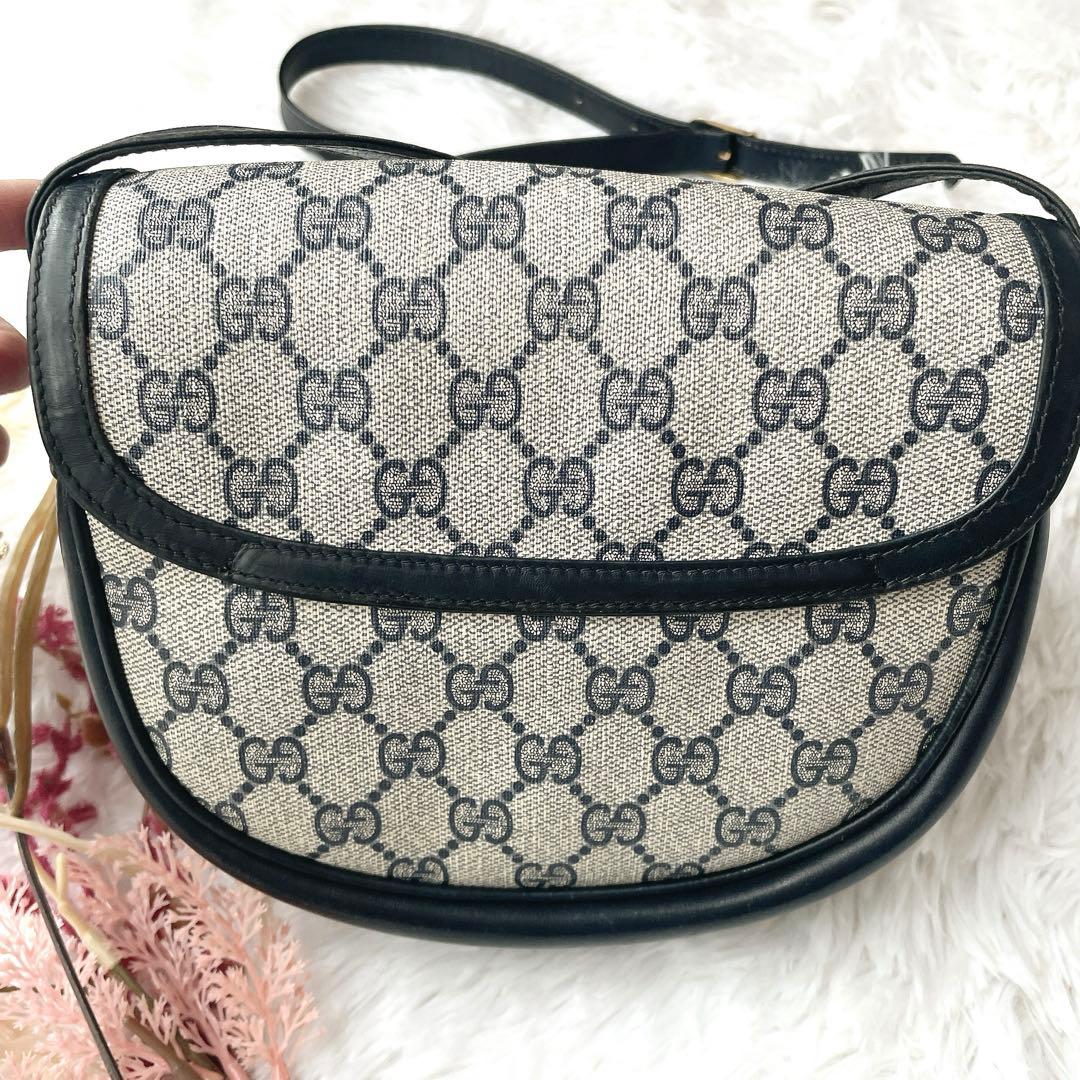 美品⭐︎OLD GUCCI ggシマ ネイビー レザー ロゴ金具 ショルダーバッグ