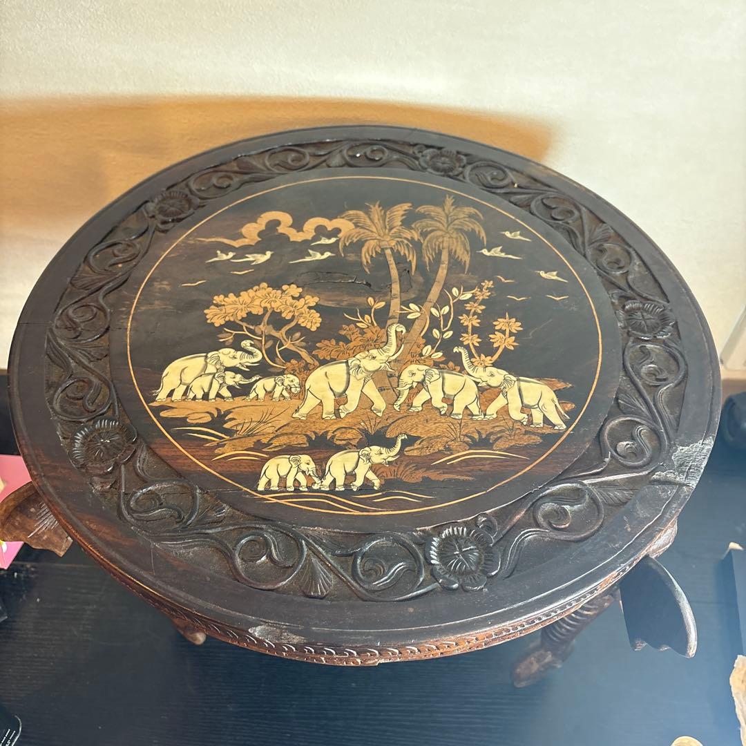 象彫刻 アジアン調 ラウンドテーブル 木製 中古