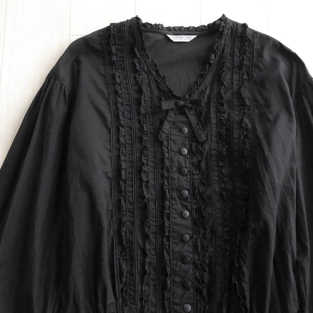 カネコイサオ 綿ローン ピンタック ピコフリル 黒 ブラウス